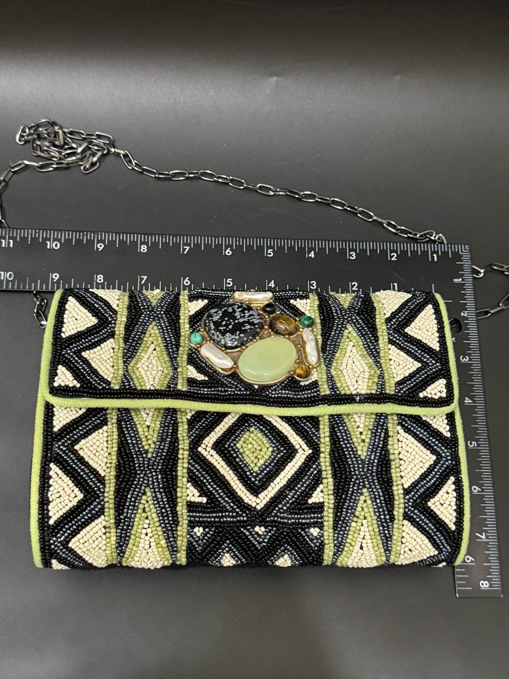 MARY FRANCES Geometric Beaded Natural Gemstones Cluster Embellished Evening Bag - Picture 9 of 16